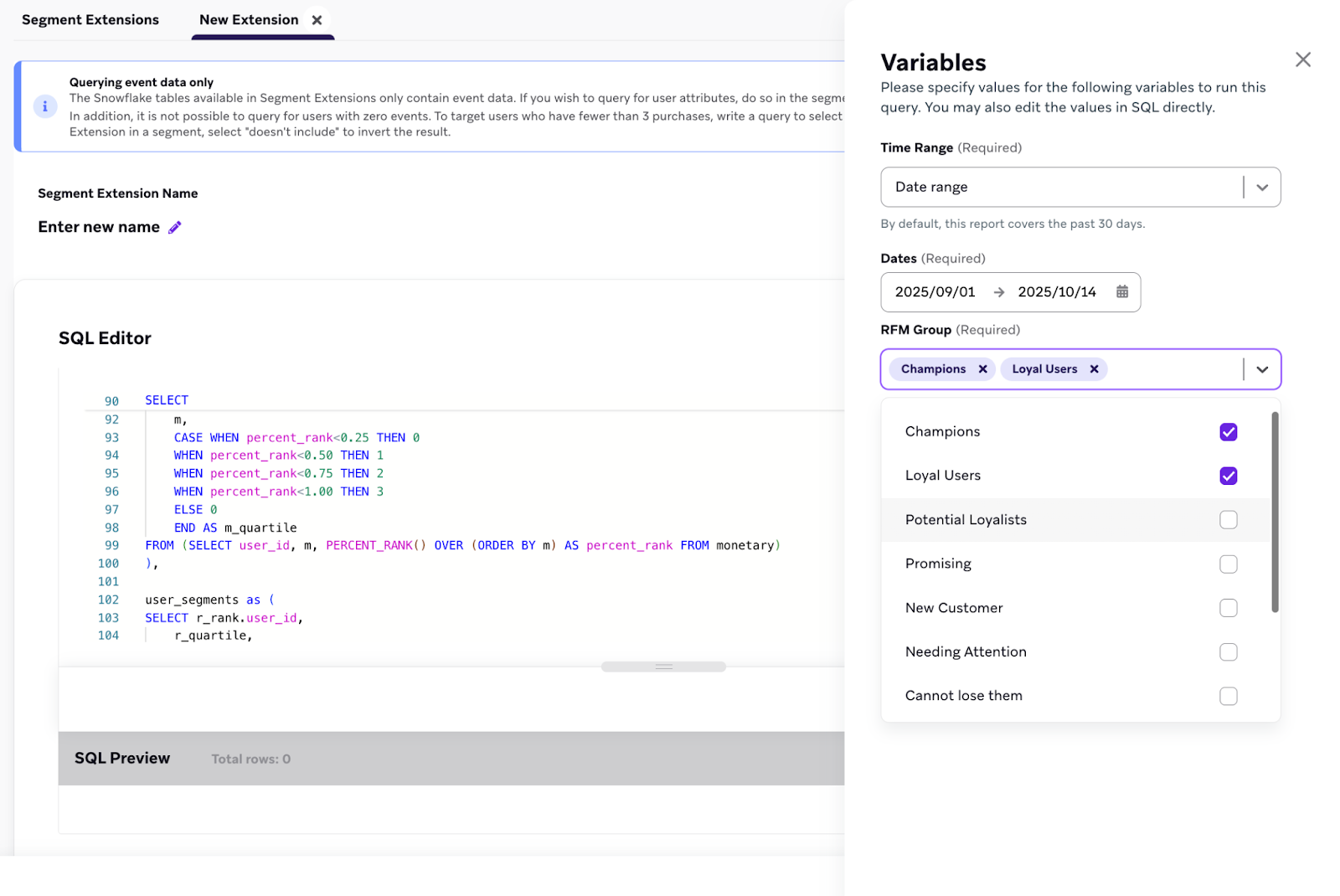 Painel de variáveis com os grupos de RFM "Champions" e "Loyal Users" selecionados.