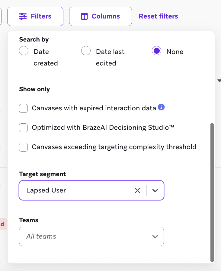 Filtro Target segment na página de Canvas.