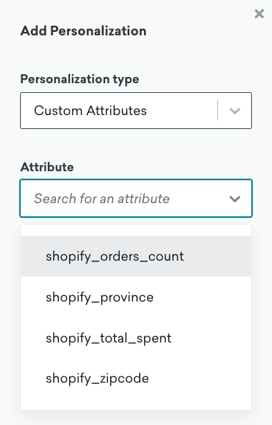 A seção "Add Personalization" com o menu suspenso "Attribute" expandido.