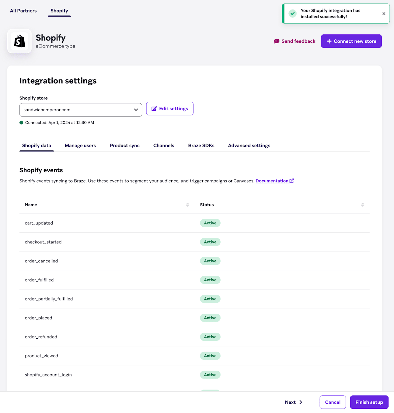 Página do parceiro da Shopify exibindo as configurações de integração.