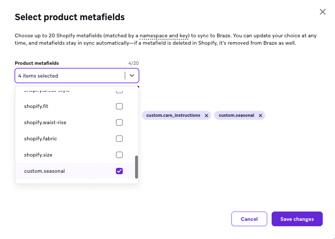 Modal para selecionar metacampos de produtos.
