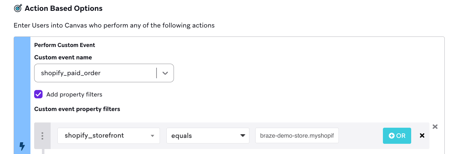 Um Canvas baseado em ação com um gatilho para inserir usuários que realizam o evento personalizado `shopify_paid_order`.