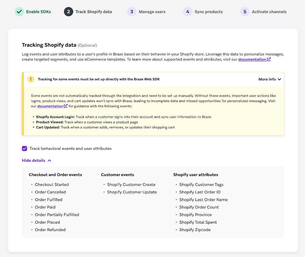 Etapa de configuração para rastrear dados do Shopify.