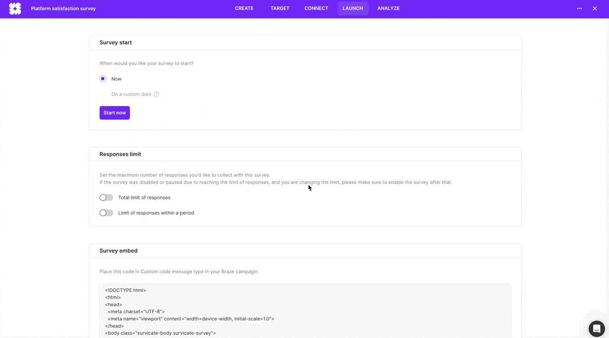 cole o código da guia Launch de seu questionário no campo HTML