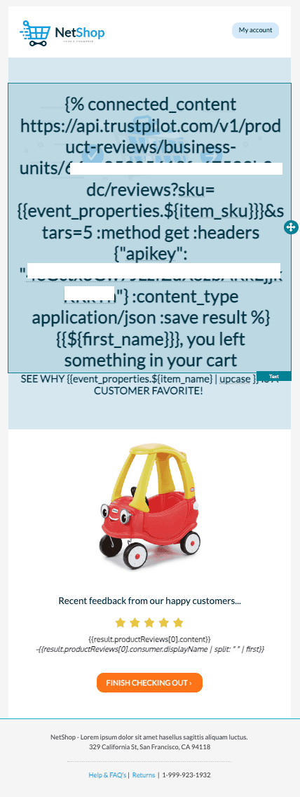 Conteúdo Conectado em e-mail usando Liquid para puxar informações.