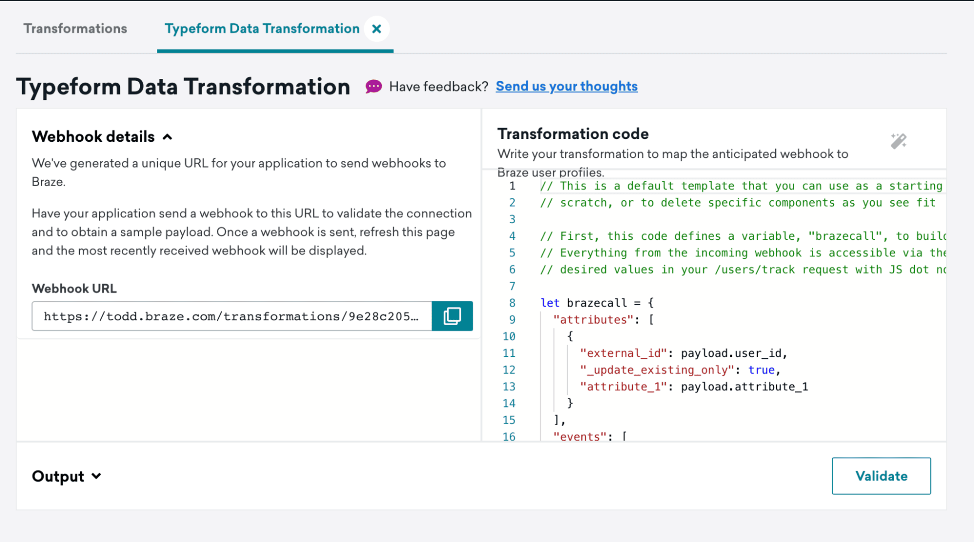 Um exemplo de detalhes de webhook e código de transformação.