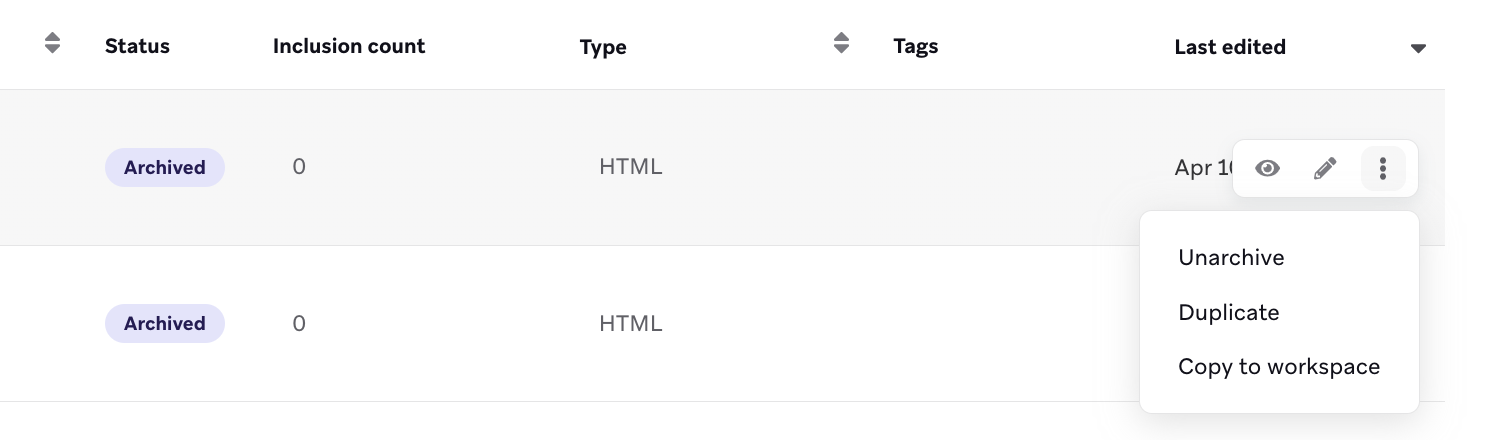 Painel Blocos de conteúdo salvos em que o menu suspenso de configurações para "Test_32" é expandido para mostrar três opções: Desarquivar, duplicar e copiar para o espaço de trabalho