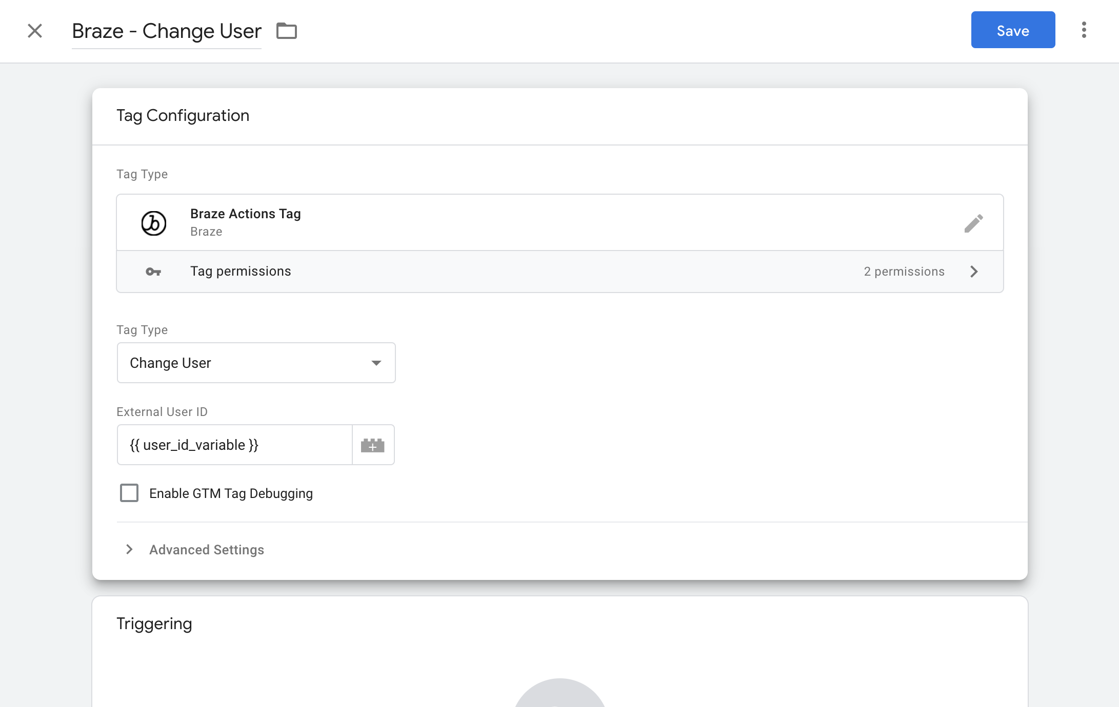 Uma caixa de diálogo mostrando as definições de configuração da tag de ação do Braze. As configurações incluídas são "tag type" (tipo de tag) e "external user ID" (ID de usuário externo).