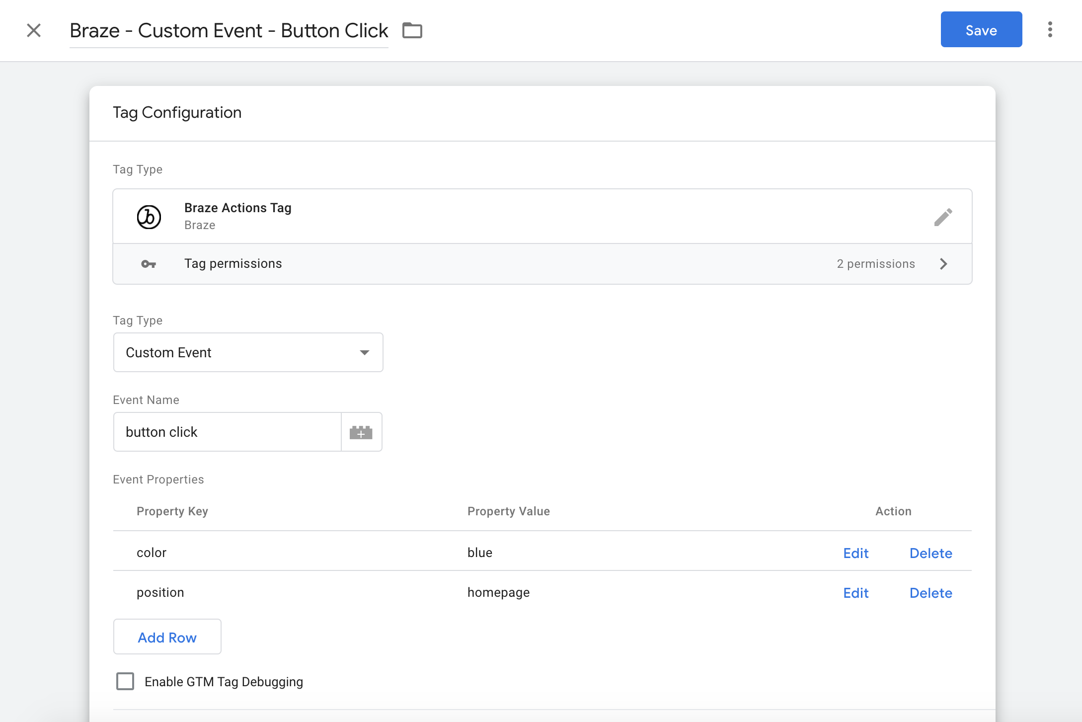 Uma caixa de diálogo mostrando as definições de configuração da tag de ação do Braze. As configurações incluídas são "tag type" (evento personalizado), "event name" (nome do evento) (clique no botão) e "event properties" (propriedades do evento).