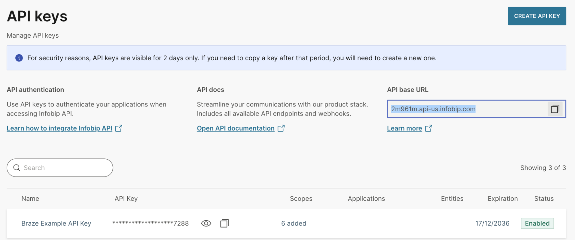 Página "chaves de API" com uma URL base da API destacada.