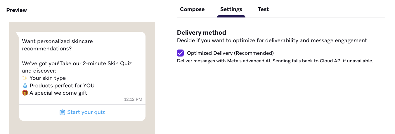 Criador de mensagens com uma guia prévia que tem uma caixa de seleção para selecionar a entrega otimizada.