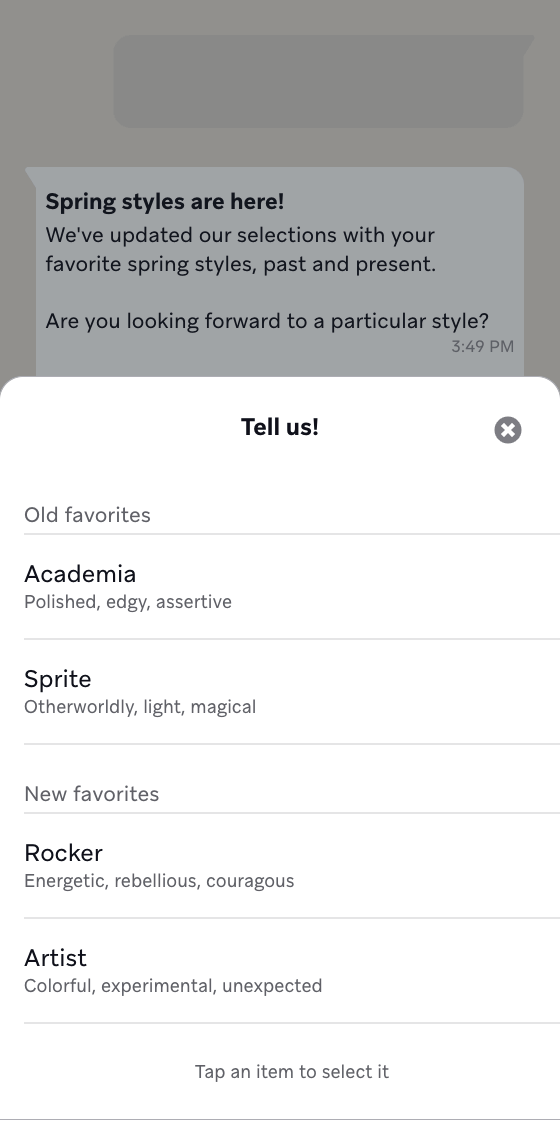 Exemplo de uma mensagem de lista do WhatsApp com linhas para diferentes estilos de moda.