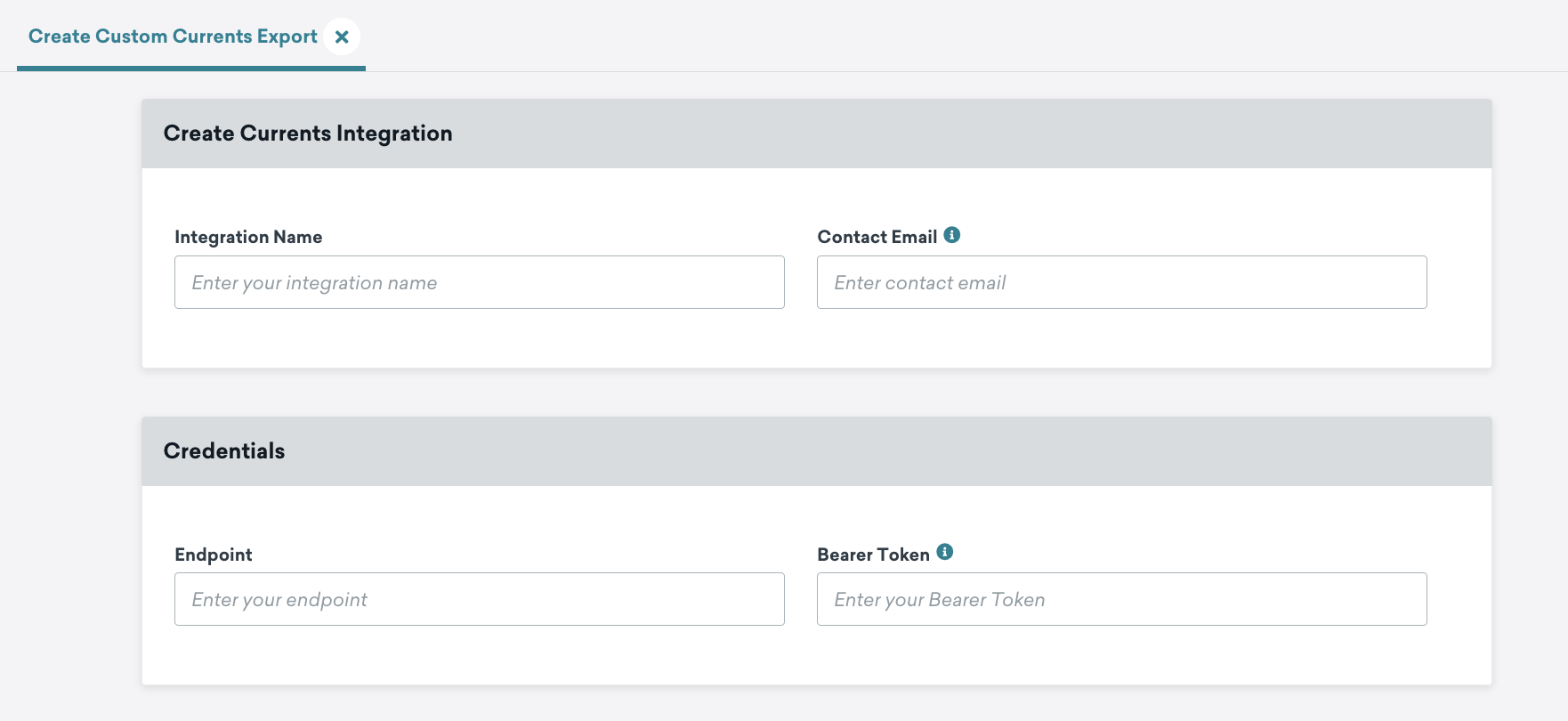 Seções para inserir detalhes de integração e credenciais.