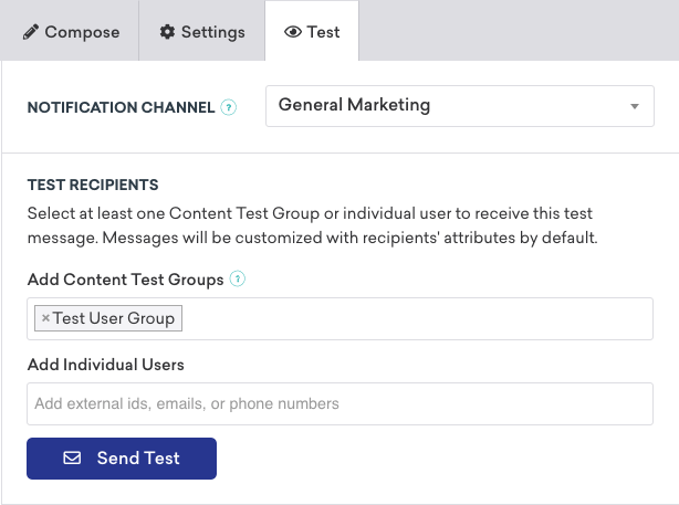 The 'Test' tab of a push notification campaign in the Braze dashboard.