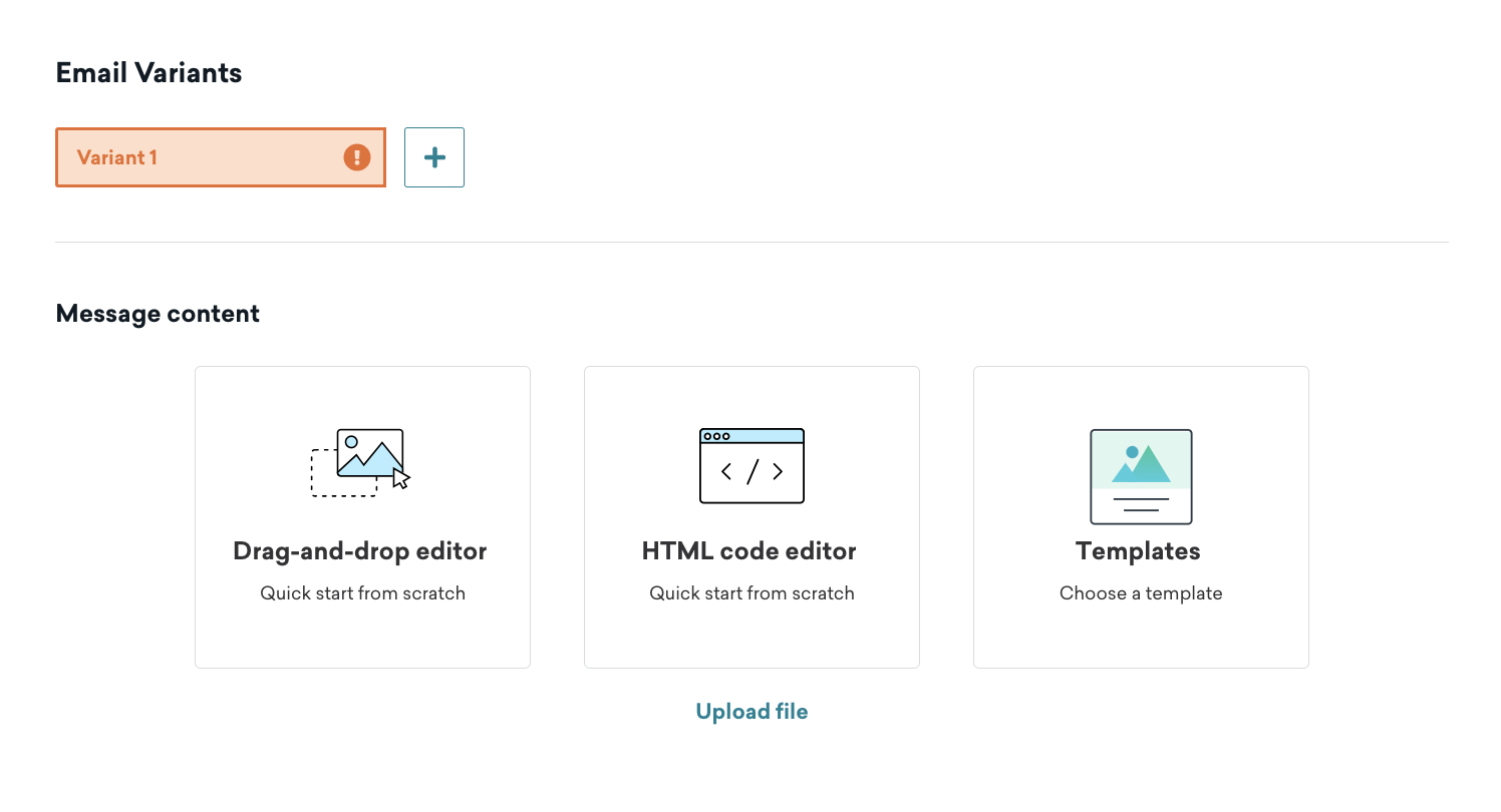 Escolhendo entre o editor de arrastar e soltar, editor de HTML ou modelos para sua experiência de edição de e-mail.