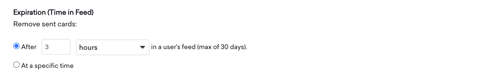 Configurações de expiração de um cartão de conteúdo para uma etapa de mensagem que será removida após três horas no feed de um usuário.