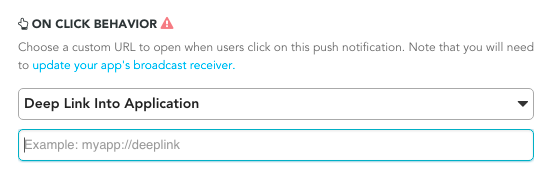 The 'On Click Behavior' setting in the Braze dashboard with 'Deep Link Into Application' selected from the dropdown.