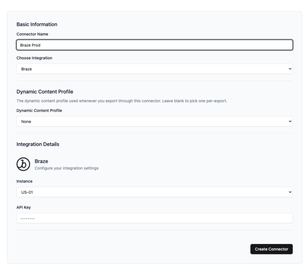 Formulário de conector do EmailShepherd com campos de instância da Braze e chave de API