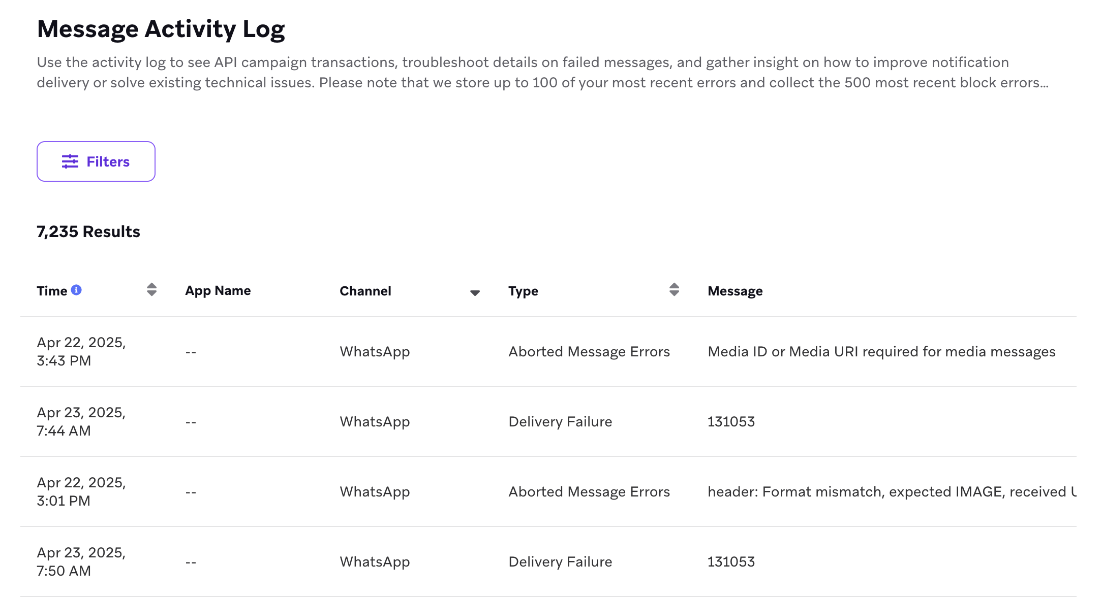 Registros de erros push exibindo a hora em que o erro ocorreu, o nome do app, o canal, o tipo de erro e a mensagem de erro.