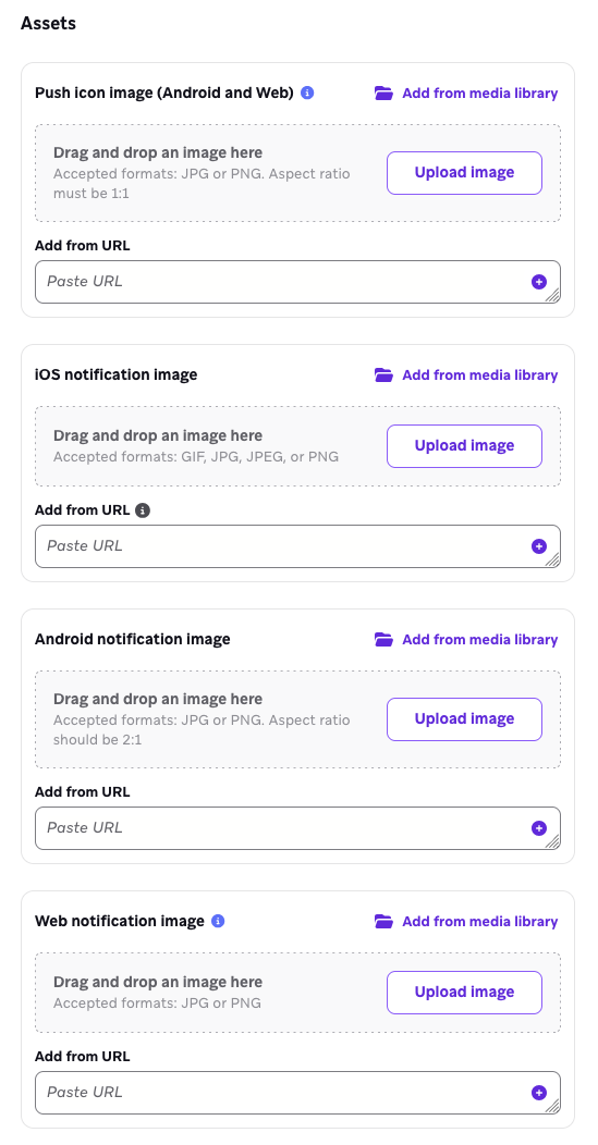 Seção de ativos da visualização de edição única com campos para imagem do ícone de push, imagem de notificação do iOS, imagem de notificação do Android e imagem de notificação da Web.