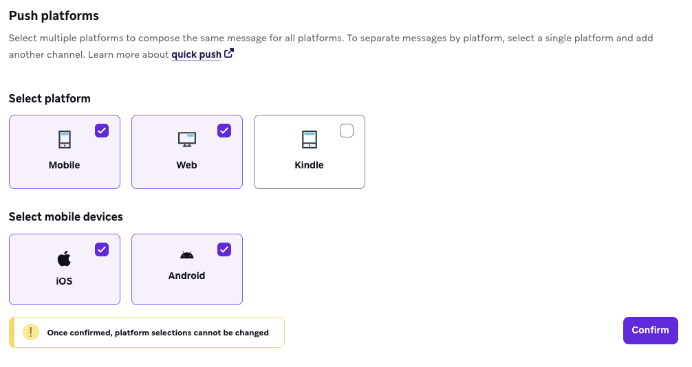 Opções para selecionar múltiplas plataformas para uma etapa de mensagem de push, como Celular, Web e Kindle, e múltiplos dispositivos, como iOS e Android.