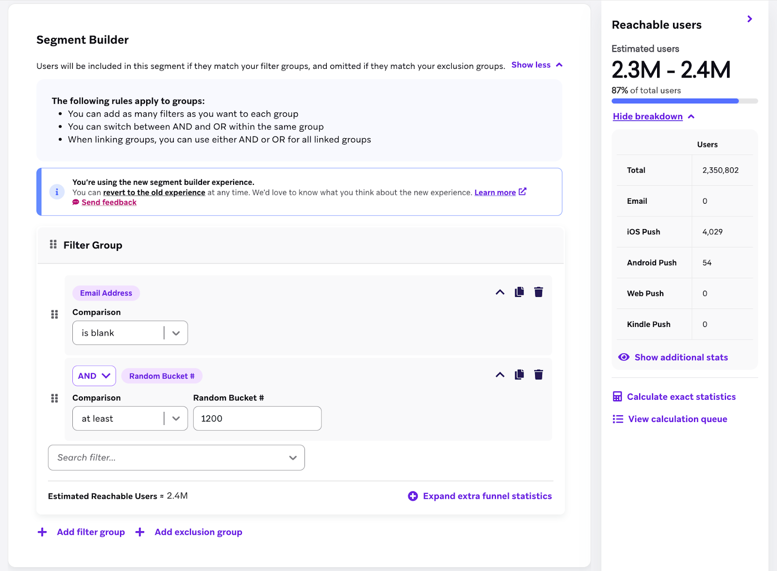 O painel "Reachable users" (Usuários acessíveis) informa que há uma estimativa de 2,3 milhões a 2,4 milhões de usuários.