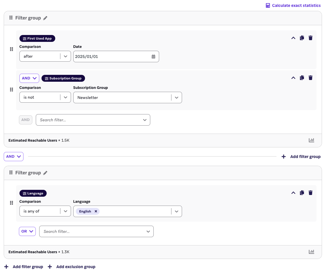 Grupos de filtros do segmentador com o operador AND.