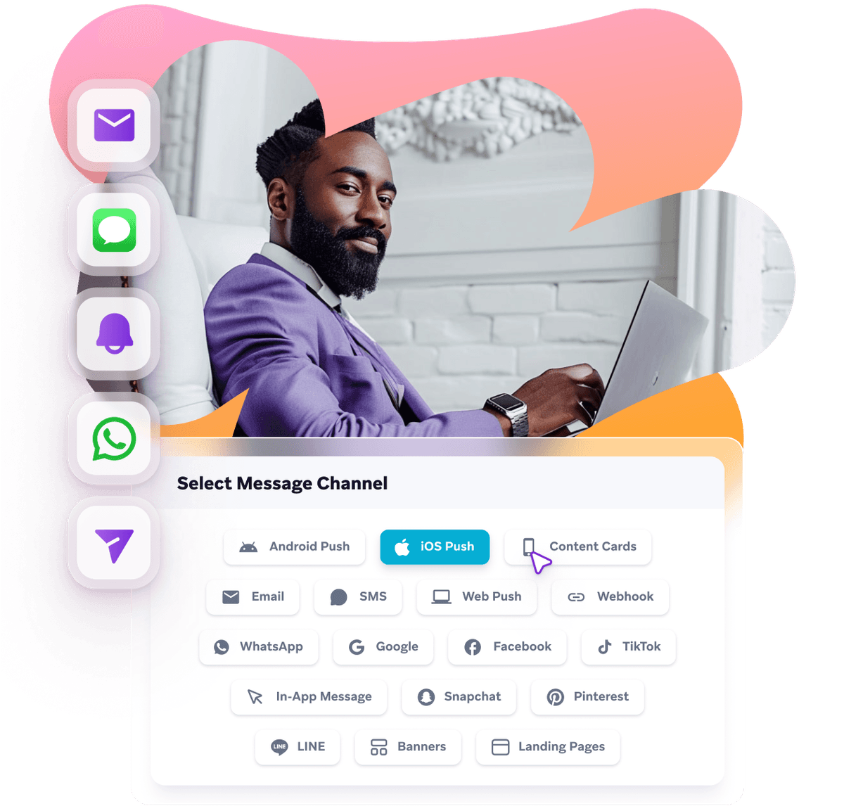 a man in a purple suit sits in front of a laptop with a selection of message channels